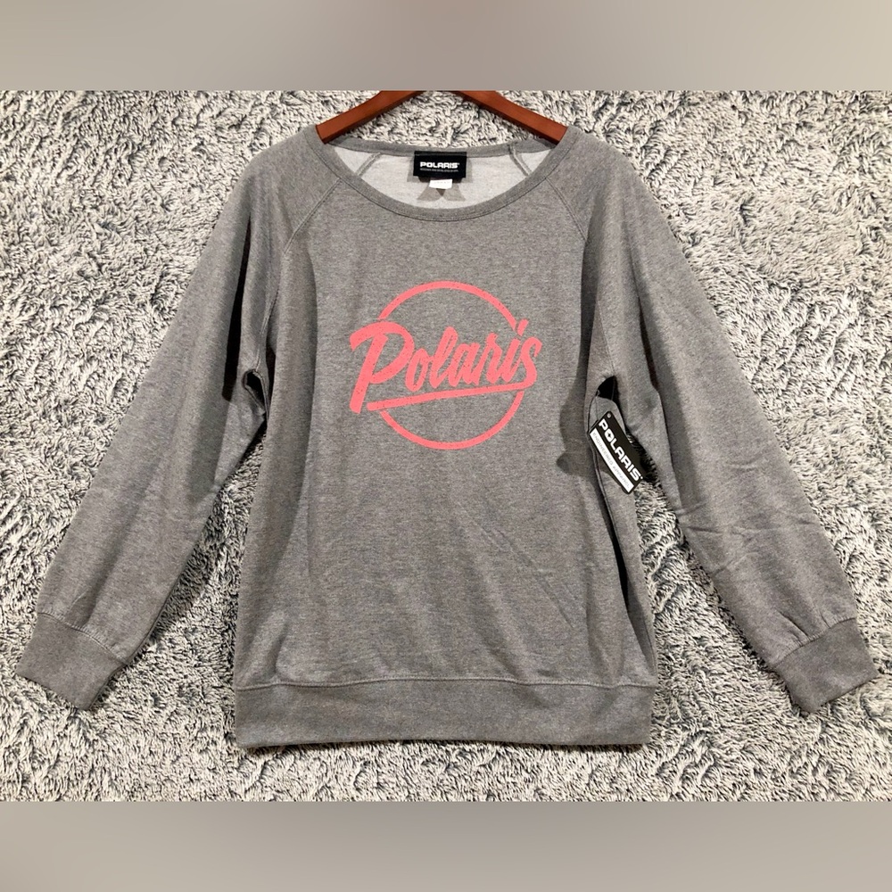 NWT Polaris Wide Crew Neck Sweatshirt, Script Logo, Gray Women XL Scoop Neck